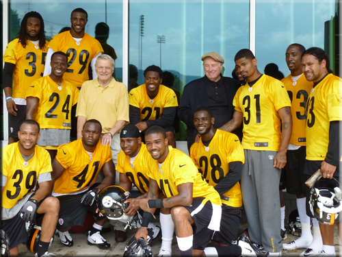 HOF Jack Butler and Art Rooney, Jr. stop by the Steelers Training Facility in June, 2012.  Jack met the defense who was thrilled to meet Jack and talk about what it was like in the old days.  Photo taken at the Steelers Training Facility courtesy of John Butler